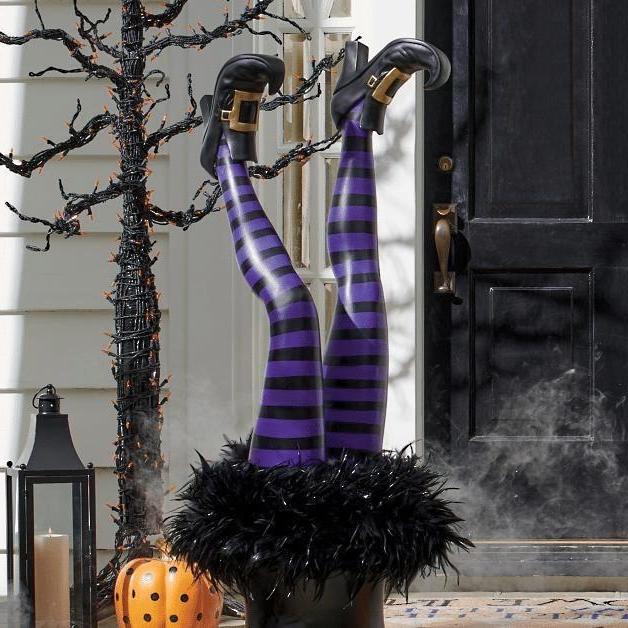 Halloween Yard Decorations - Set of 2 Striped Resin Witch Leg Stakes, 11.81