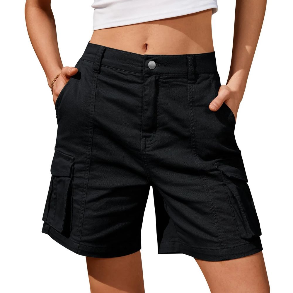Women's Long Cargo Shorts with Elastic Waist and Multiple Pockets