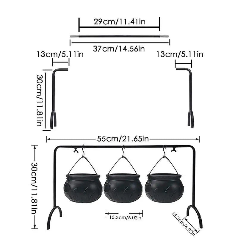 Halloween Decoration Set with 3 Mini Black Cauldrons on Iron Stand for Candy