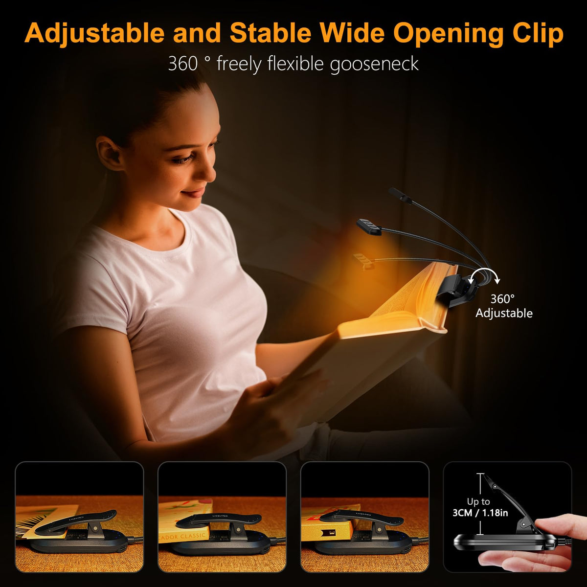 Versatile LED Reading Lamp with Adjustable Neck and USB-C Charging