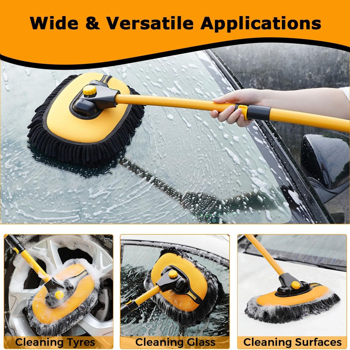 Extendable Vehicle Cleaning Brush with Pivoting Head and Soft Bristles