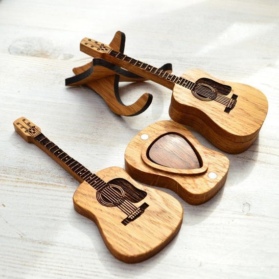 Custom Engraved Guitar Pick Holder with Display Stand & Picks