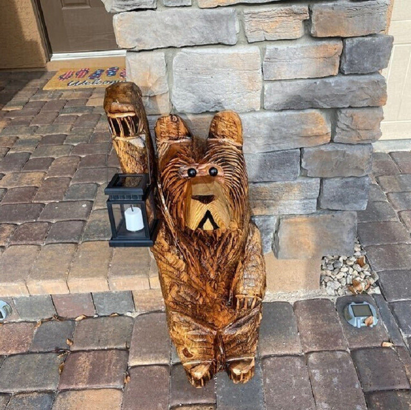 Outdoor Rustic Decor - Solar Bear Lantern with Flickering Light