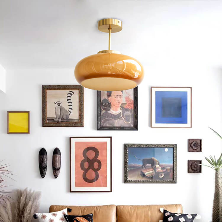 Yellow Glass Shade Semi-Flush Mount Ceiling Light in Vintage Design