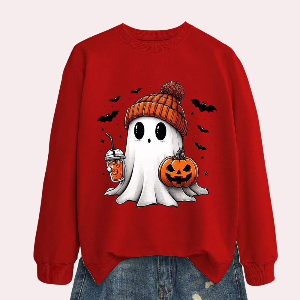 Cozy Halloween Sweater with Fun Ghost and Pumpkin Design