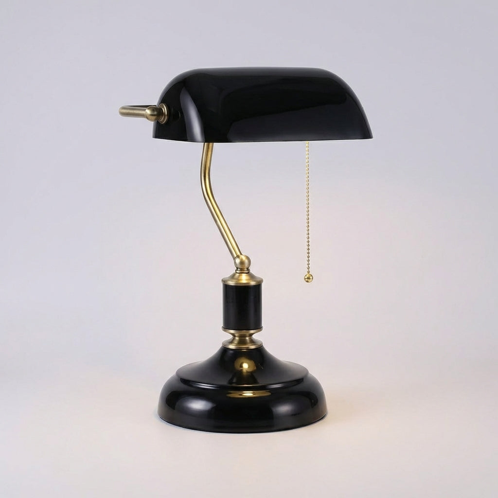 Soft Light Banker Lamp with Glass Shade and Polished Metal Base