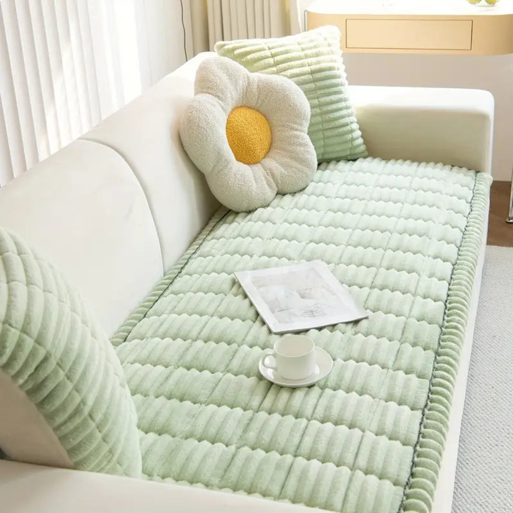 Plush Sofa Cover with Pleated Edges for Stylish Protection