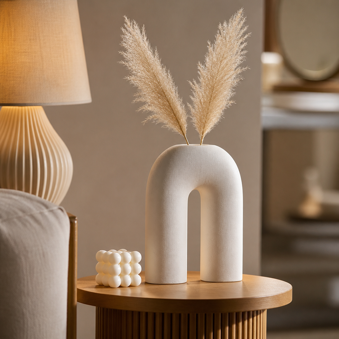 Curved Design Beige Ceramic Flower Vase