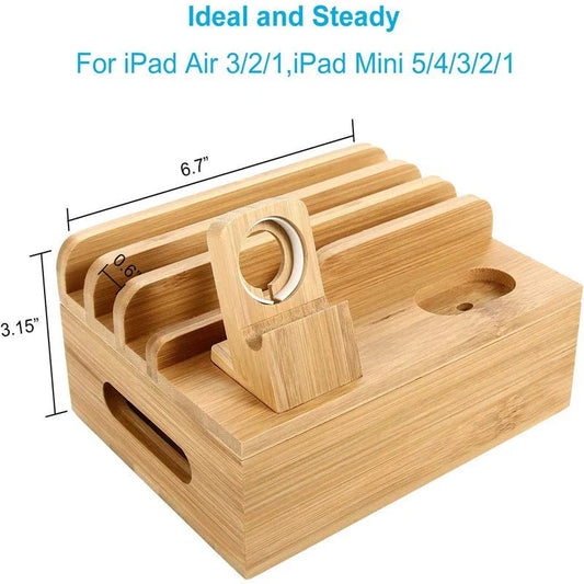 5-Port USB Charging Station with Cable Organizer for 9 Devices in Bamboo