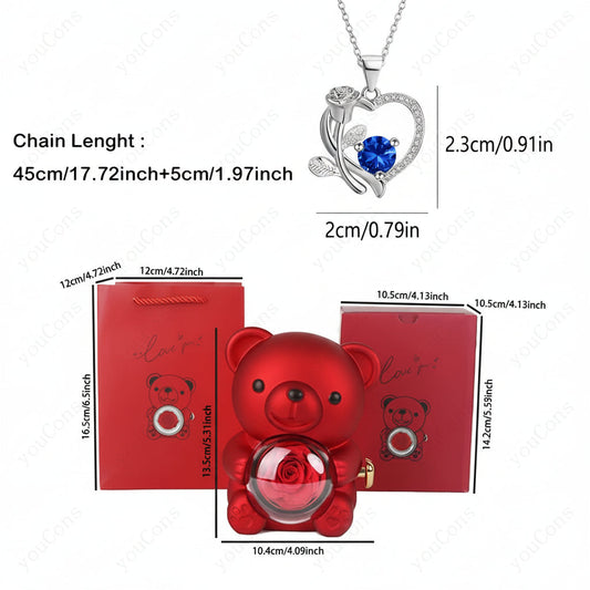 Zircon Pendant Necklace in Heart Shape with Rose Bear Gift Packaging