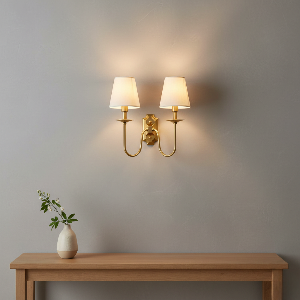 Classic Wall Light with Fabric Shades – Timeless Brass Fixture