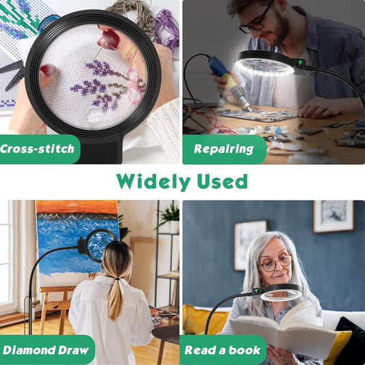 Adjustable Neck Magnifying Glass with LED Light - 10X and 30X Zoom