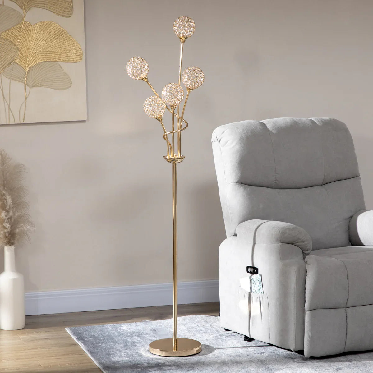 5-Light Crystal Floor Lamp with Gold Metal Frame