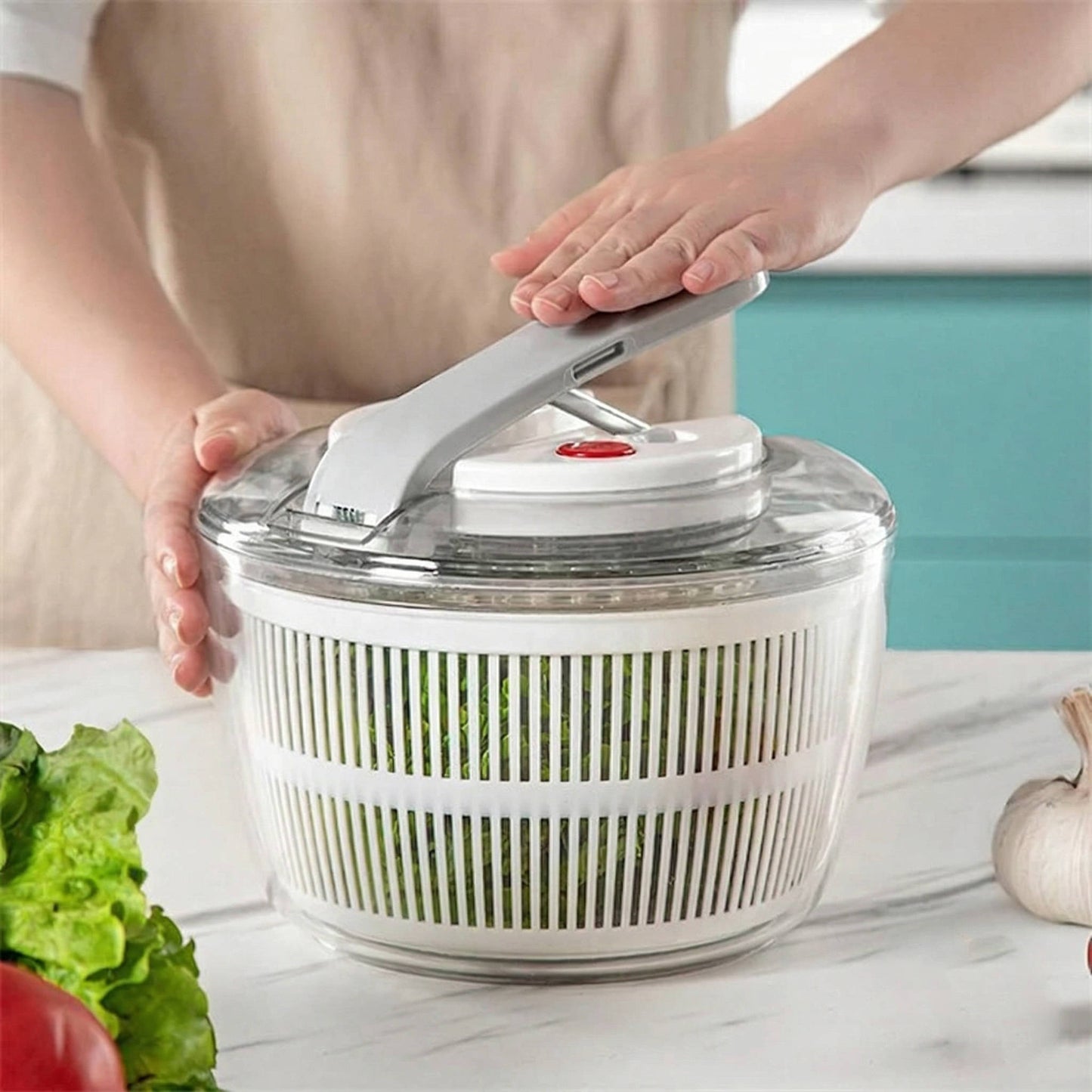 Effortless 3L Salad Dryer with One-Hand Operation and Instant Stop