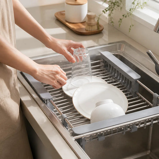Adjustable Over-Sink Stainless Steel Dish Drying Rack (Anti-Slip)
