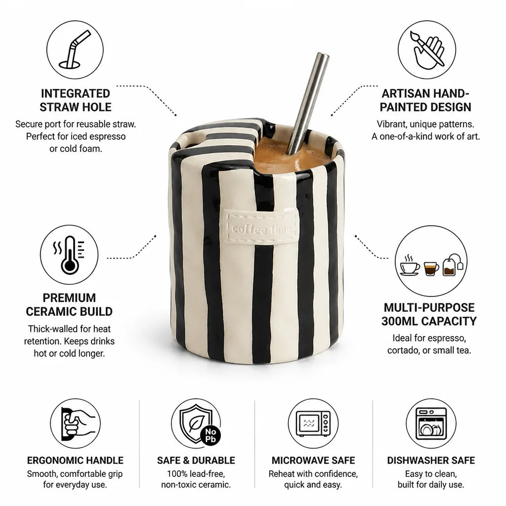 Ceramic Mug Hand-Painted Stripes Integrated Straw Hole 300ml