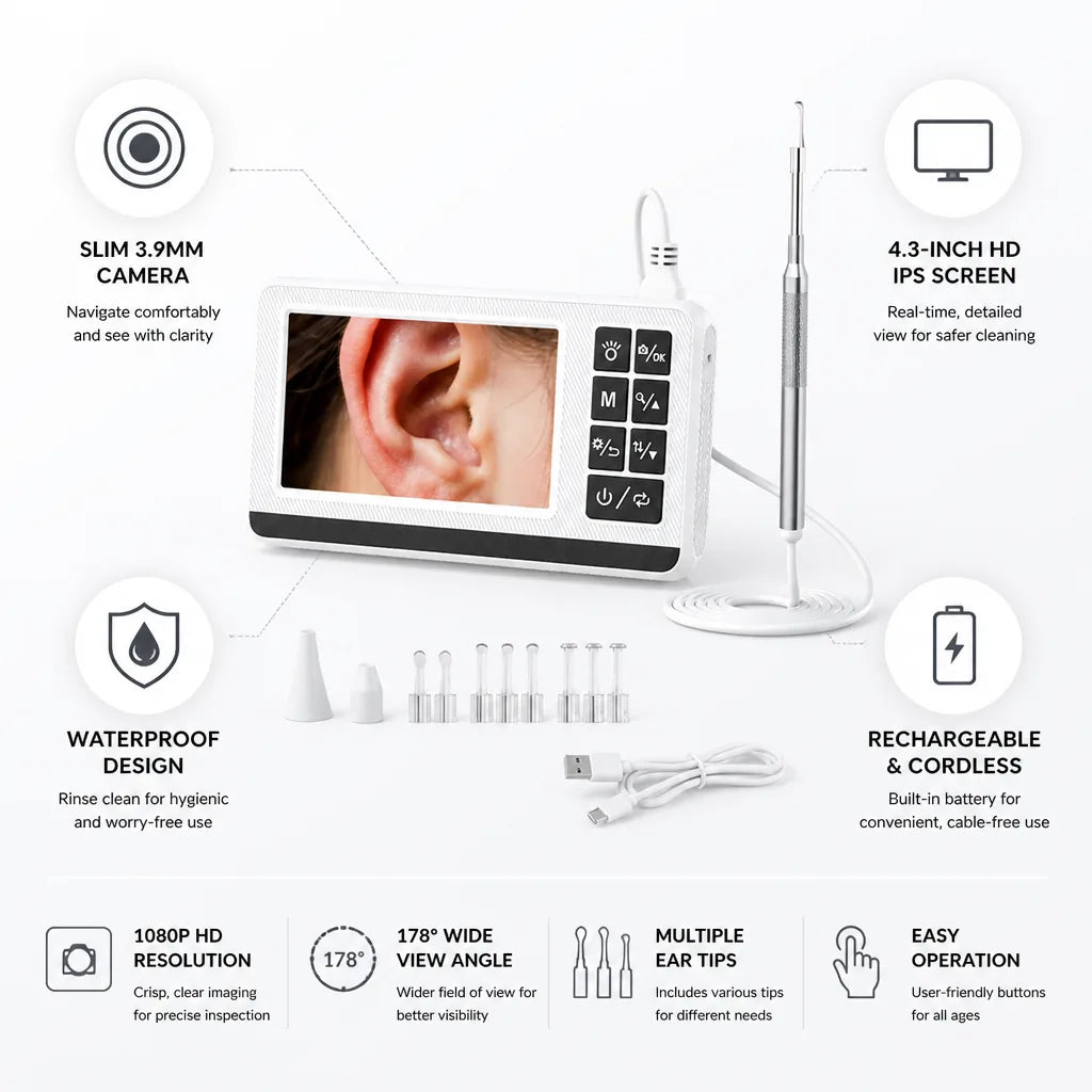 Ear Cleaning Otoscope 4.3-Inch HD Slim Waterproof Probe