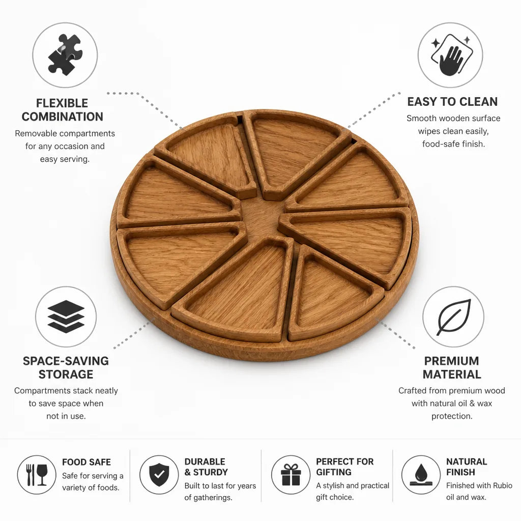 Serving Tray Round Premium Wood Removable Compartments