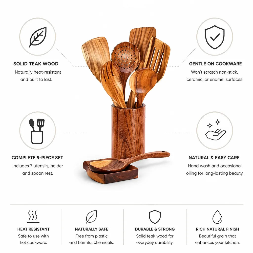 Utensil Set Solid Teak 9-Piece Holder & Spoon Rest