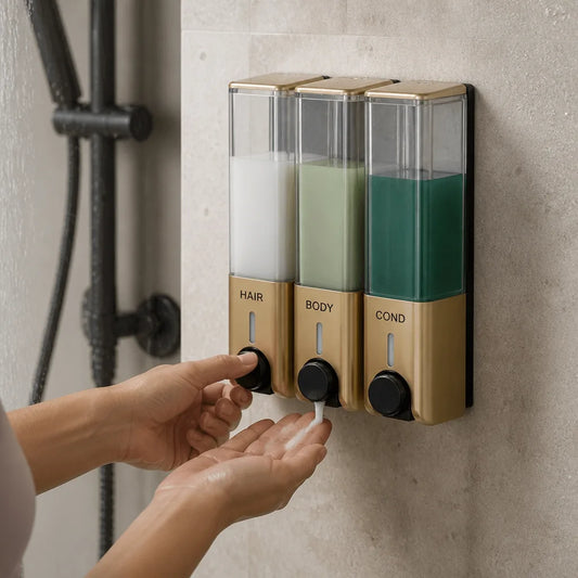 Wall-Mounted Shower Dispenser with Transparent Reservoir (3-Chamber)
