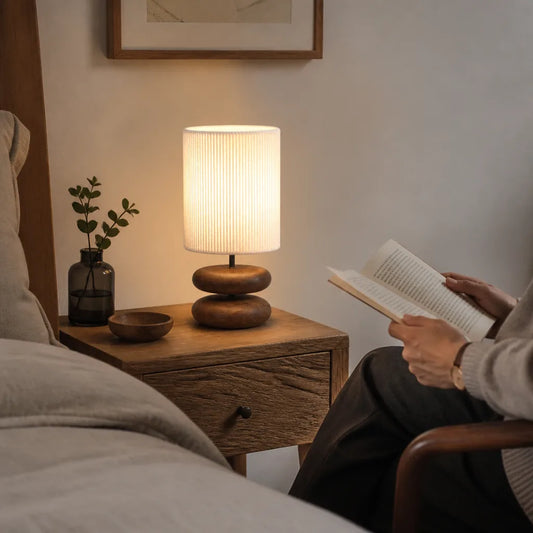 Walnut Wood Table Lamp with Linen Shade