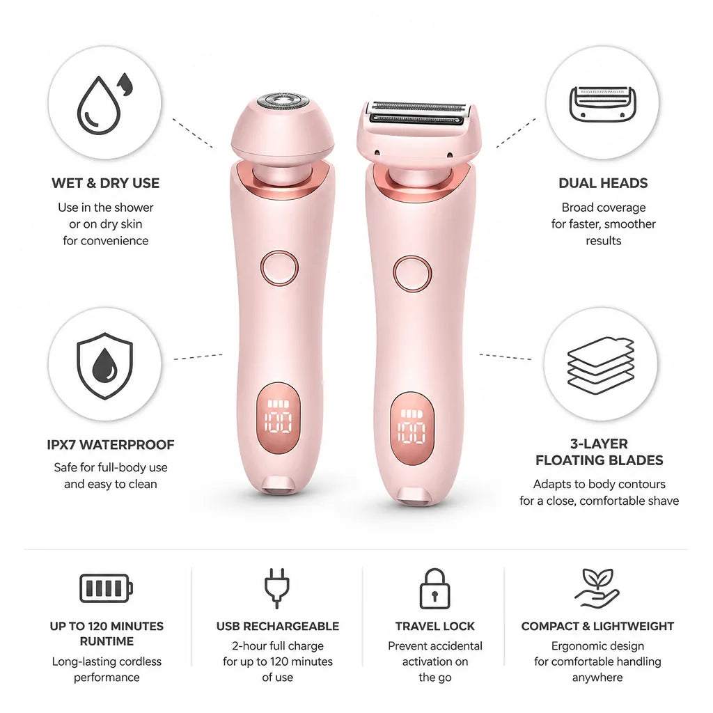 Women's Electric Shaver Wet & Dry Dual Head USB Rechargeable
