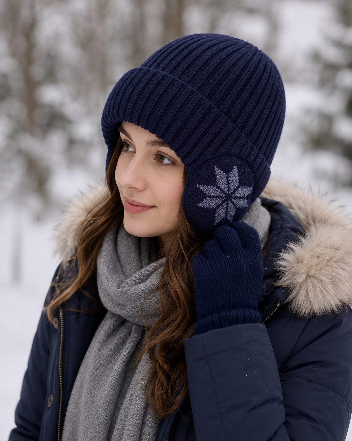 Unisex Ribbed Beanie Hat with Ear Coverage - Plush Lined Polyester Snowflake Cap, One Size