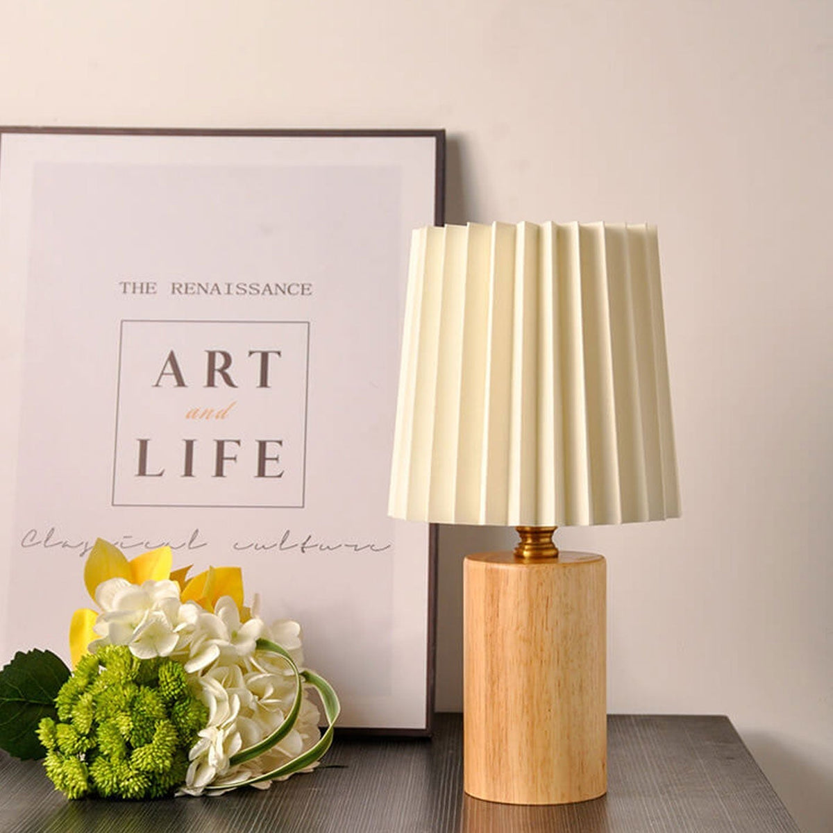 Modern Pleated Table Lamp with Wood Base – Stylish Korean Design