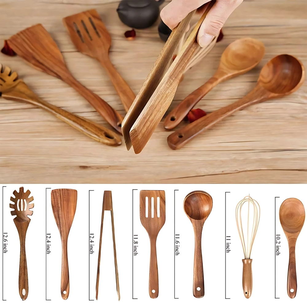 Durable Wooden Utensil Set – 7 Essential Cooking Tools for Kitchens
