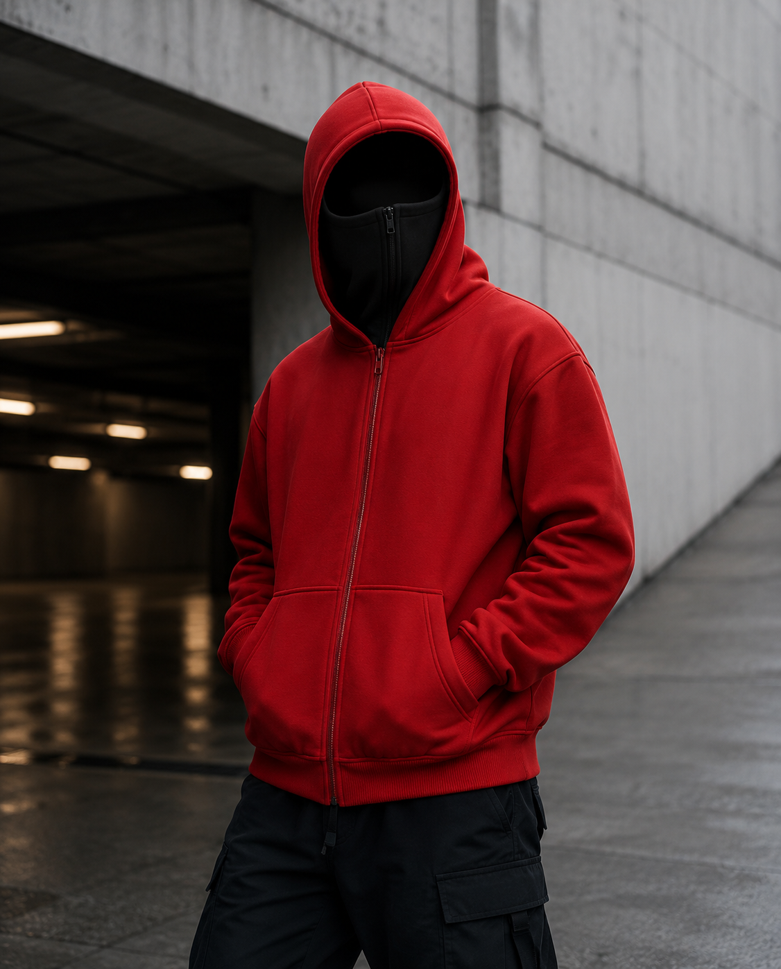Knit Polyester Ski Mask Sweatshirt with Double Hood, Neck Gaiter, Pockets - Unisex Full Zip Balaclava Hoodie for Winter