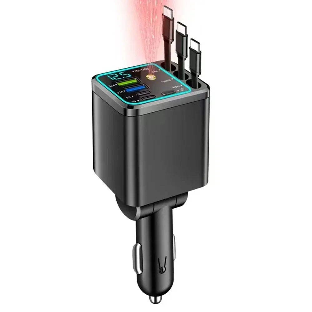 5-in-1 Car Charger Adapter with Retractable Design | 66W USB C Fast Charge & Voltage Display
