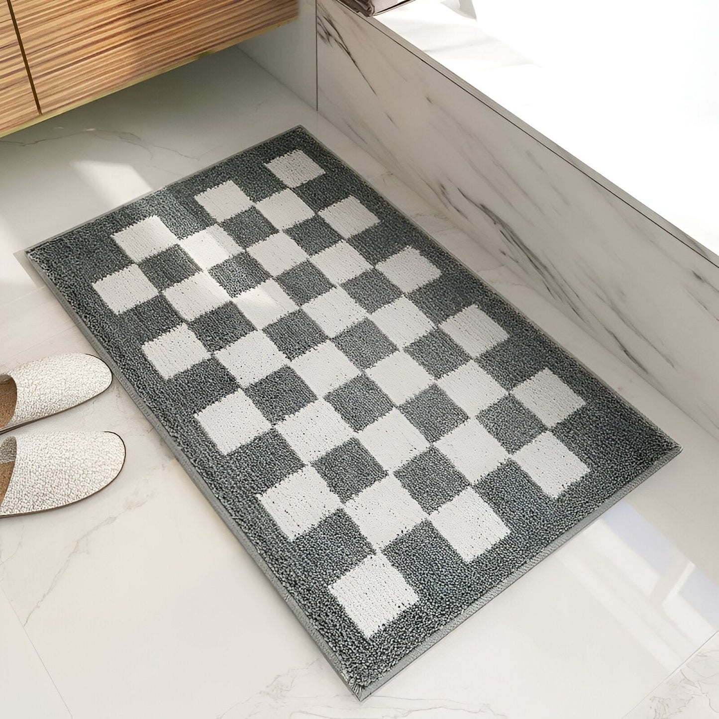Stylish Microfiber Bath Mat with Monochrome Check Design