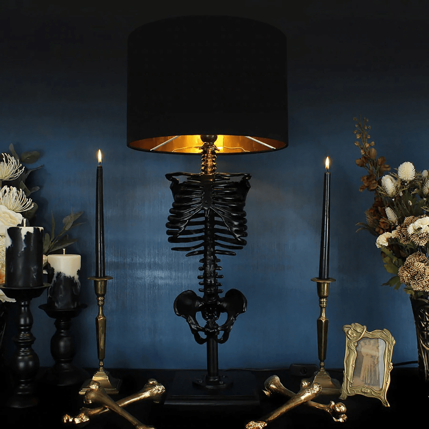 Gothic Style Accent Lamp Featuring Handcrafted Skeleton and Warm Metallic Light