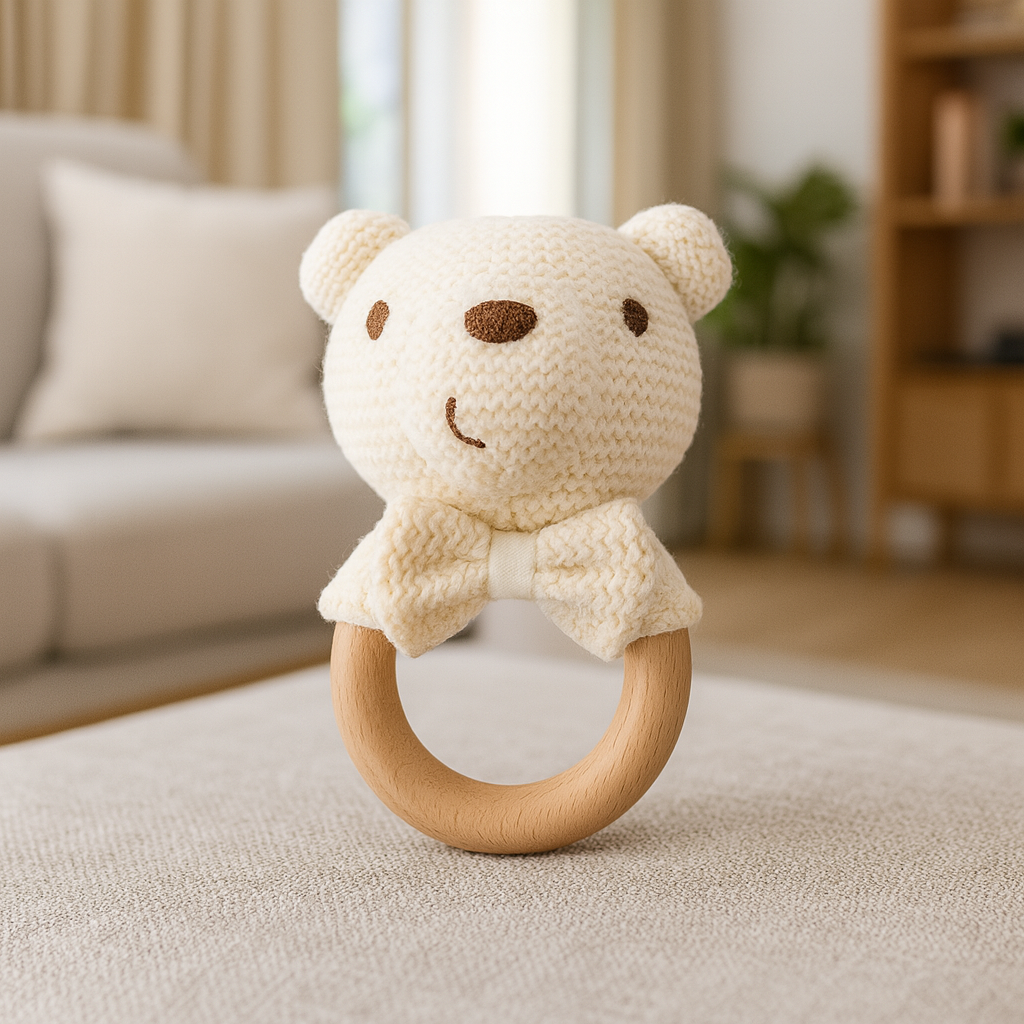 Baby Rattle Toy in Knit Bear Design