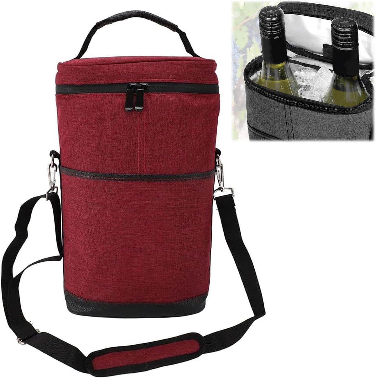 Insulated Wine Carrier for 2 Bottles – Adjustable Strap Tote Bag