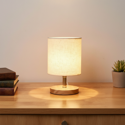 Wooden Base Table Lamp with Linen Shade – Serene Bedside Illumination