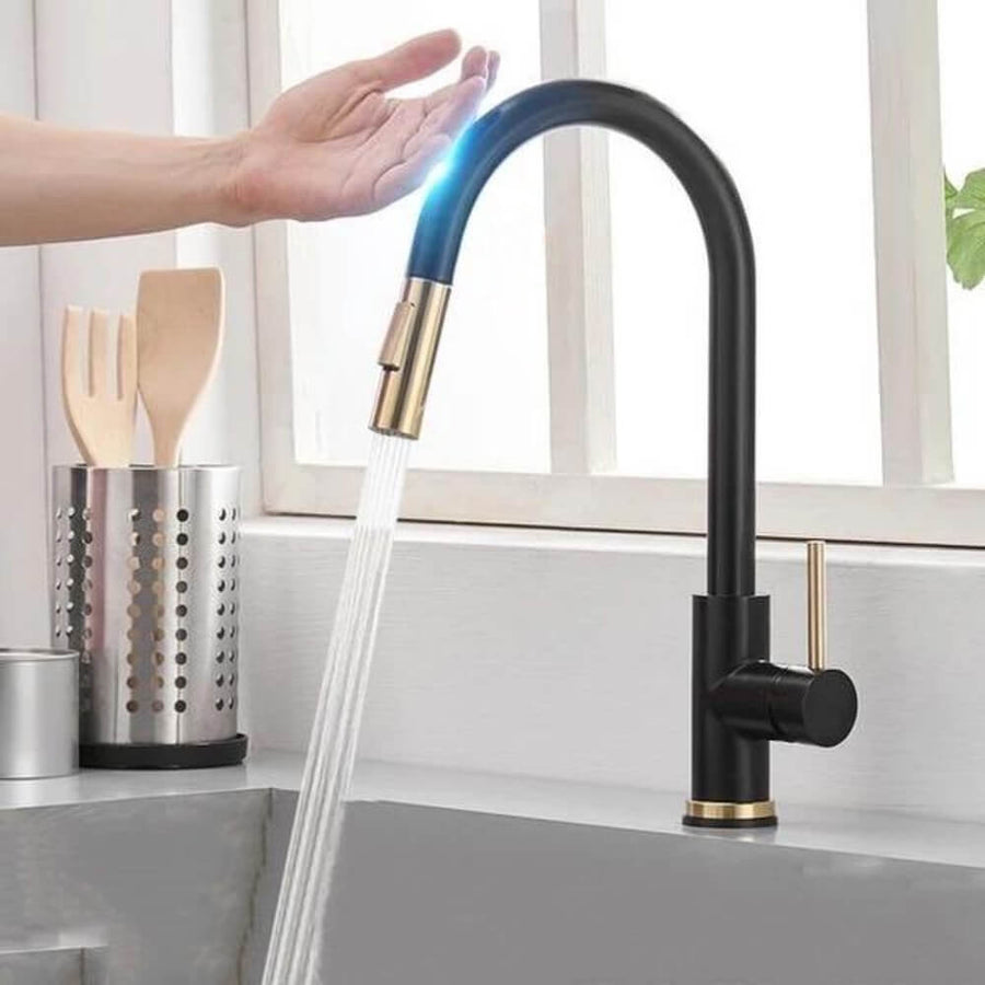Sensor-Activated Pull-Out Kitchen Faucet with Flexible Spout in Brass