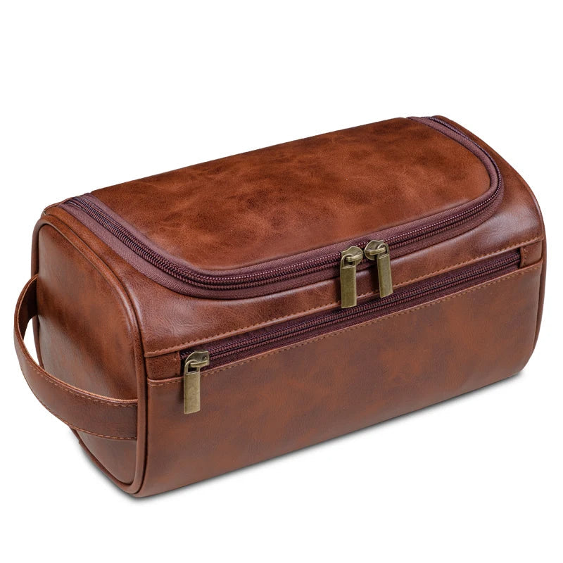 Luxury Leather Toiletry Organizer Bag with Waterproof Interior for Travel