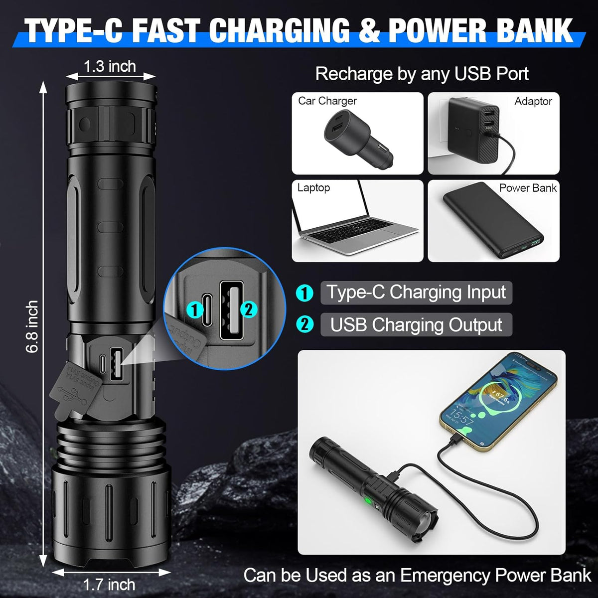 Tactical Flashlight with 100,000 Lumens & USB-C Charging – Power Bank for Outdoors