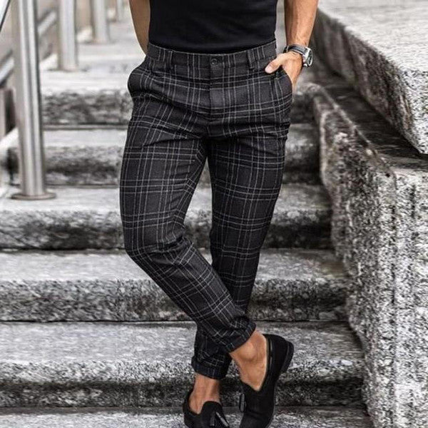 Men's Casual Checked Trousers - Vintage Checkered Pants with Pockets, Blue Gray Brown Black