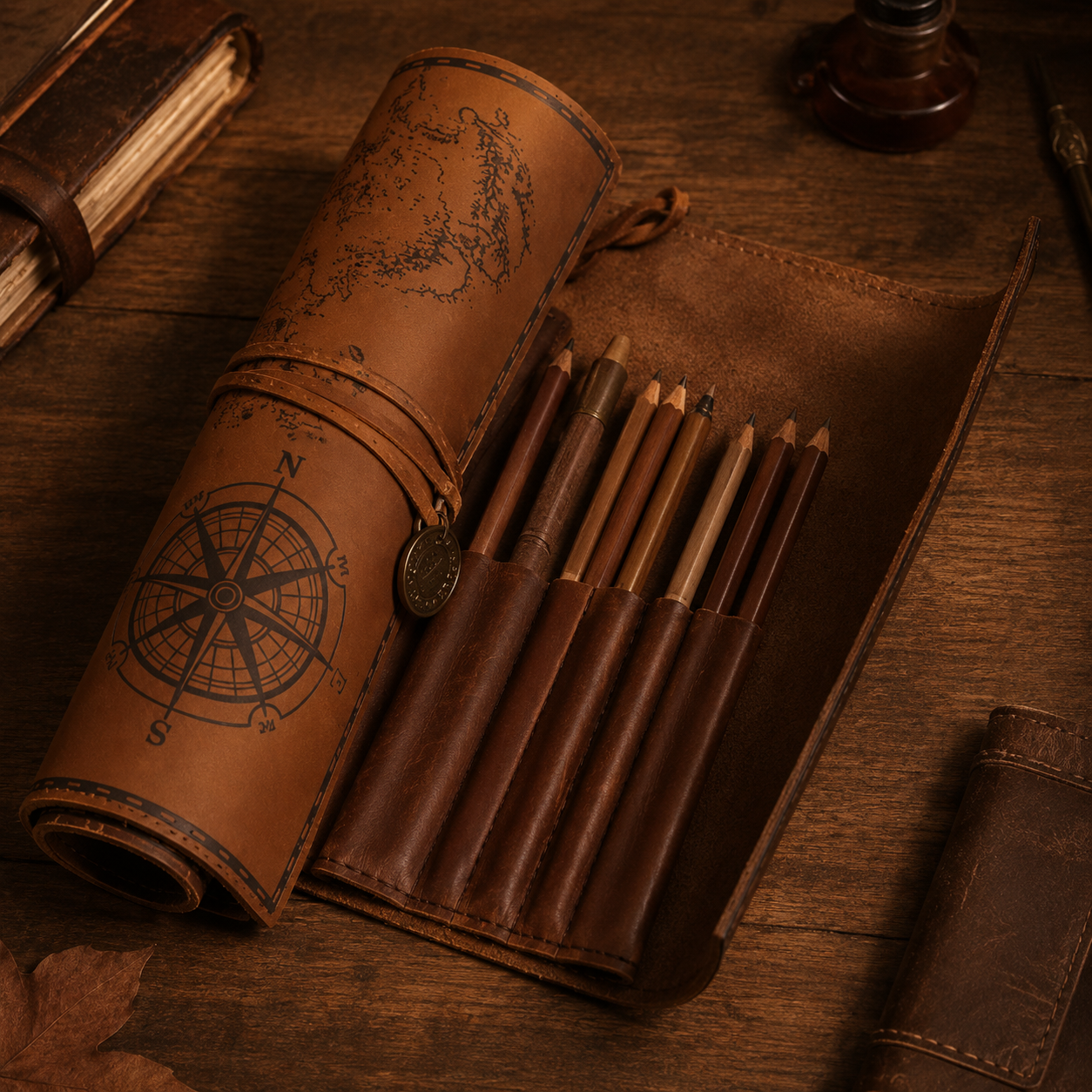 Roll-Up Vintage Leather Pencil Holder, Treasure Map Design for Office & School