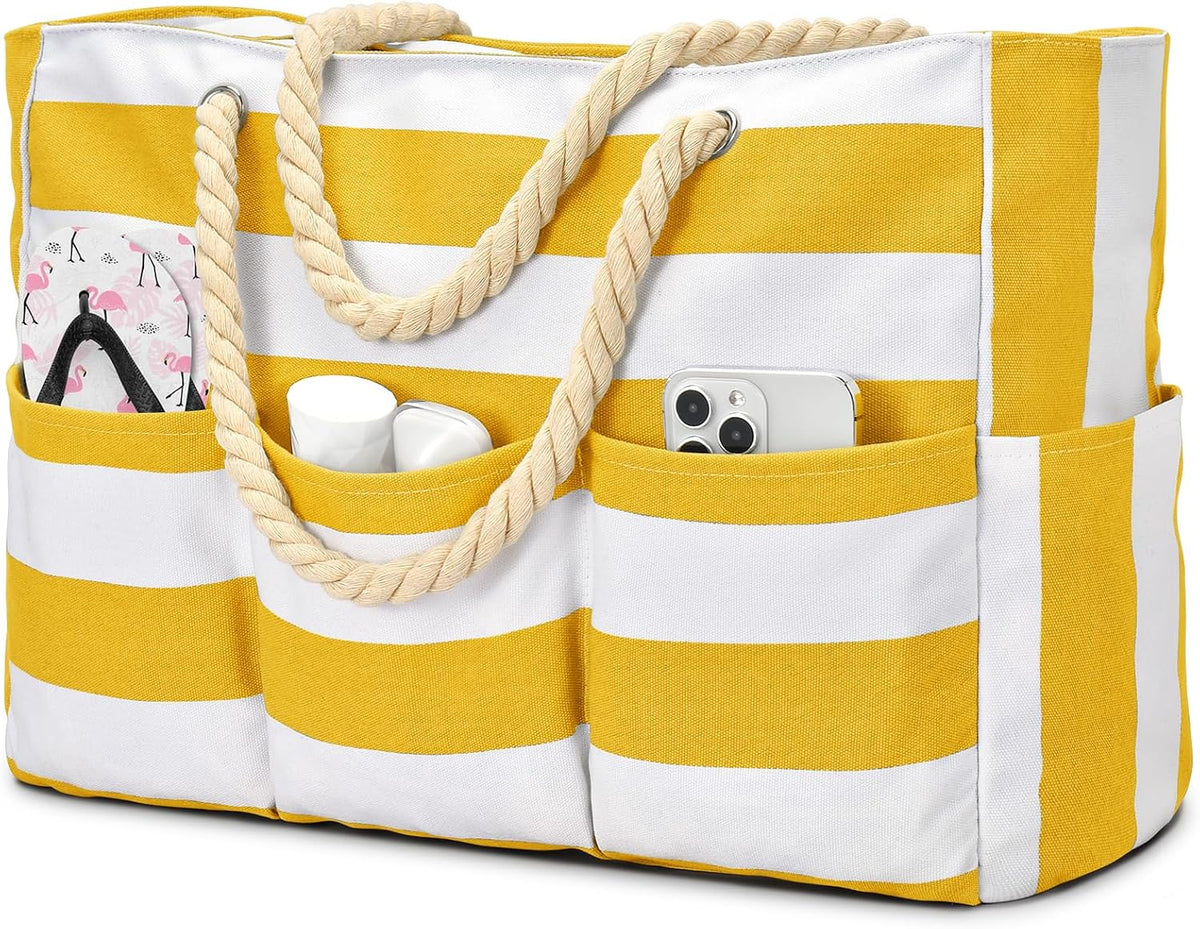 Large Waterproof Canvas Beach Bag with 7 Pockets for Sand-Free Enjoyment