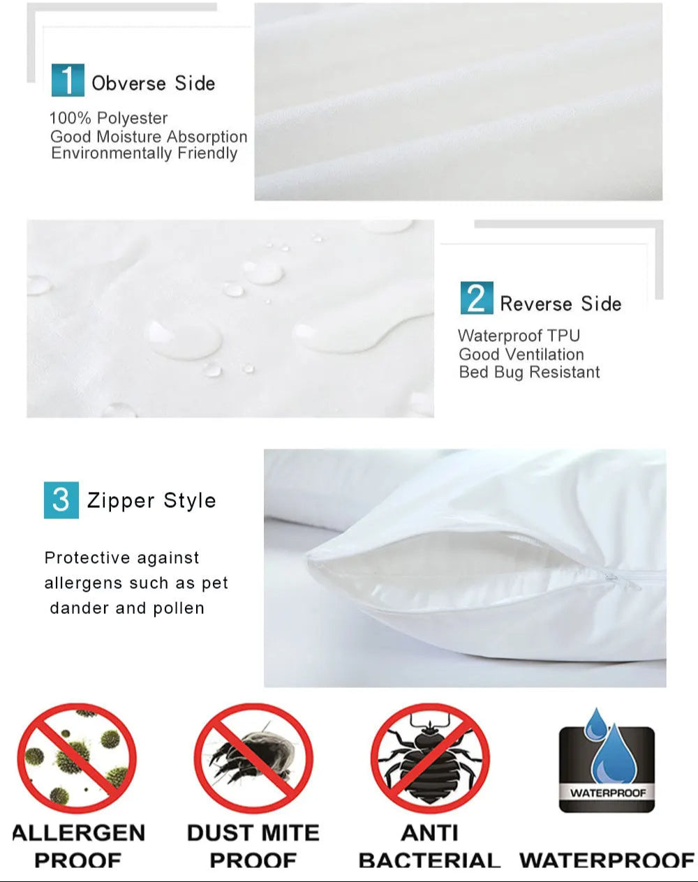 Standard Pillow Protector with Waterproof Zipper, 19.6 x 27.5 Inches, Washable