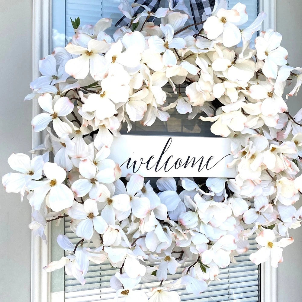 Handcrafted White Dogwood Floral Wreath for Door, 40cm Rattan Base
