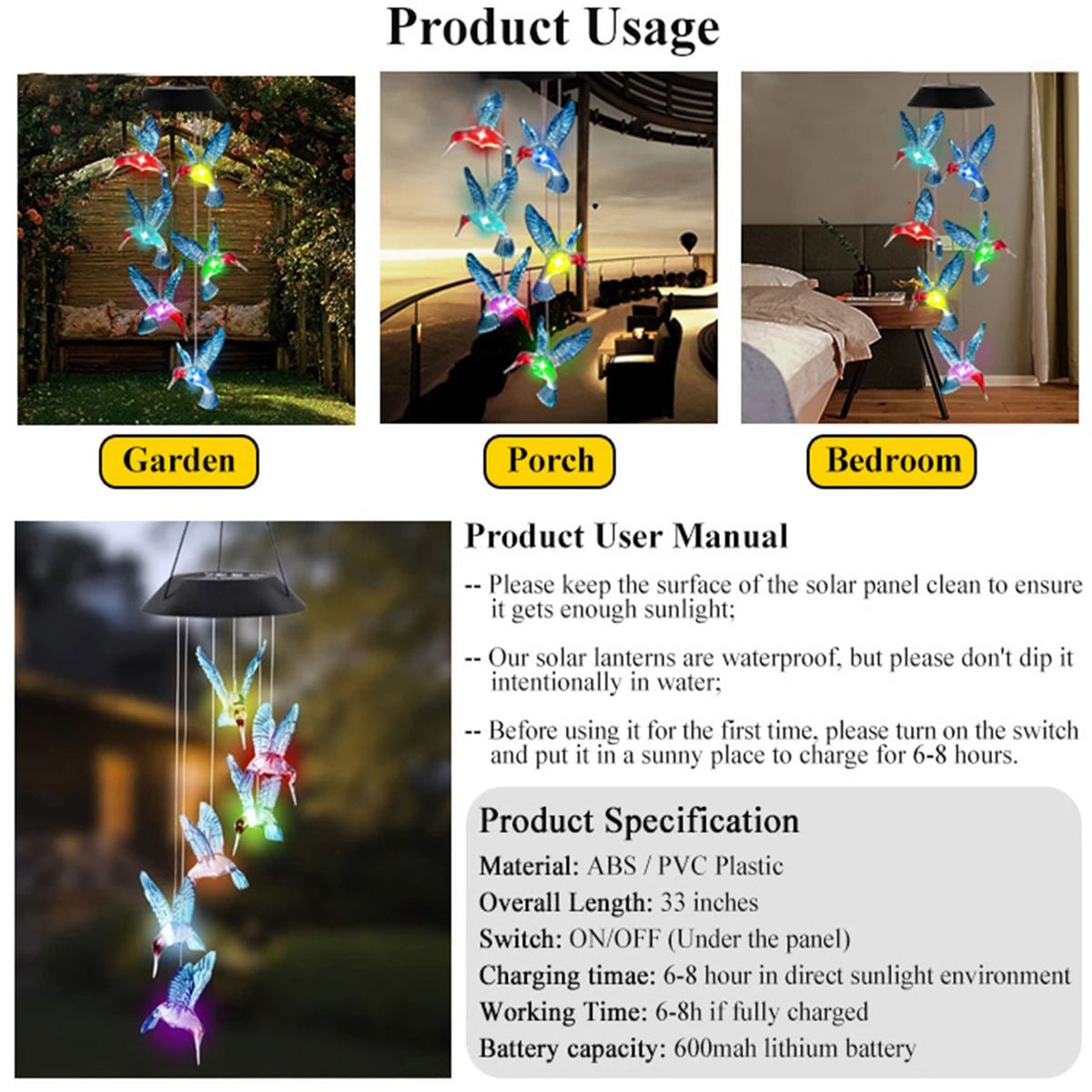 Enchanting Solar Wind Chime Light with Colorful Hummingbird Illumination