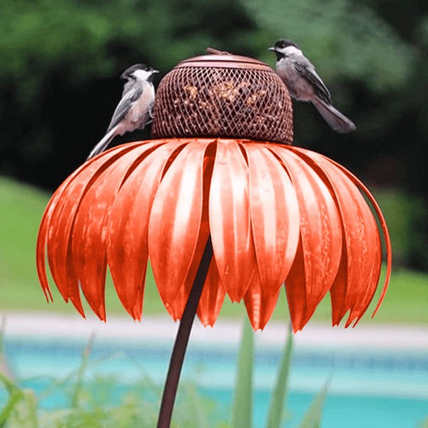 Bird Feeder with Wide Dish and Easy Refill - Metal Coneflower Design