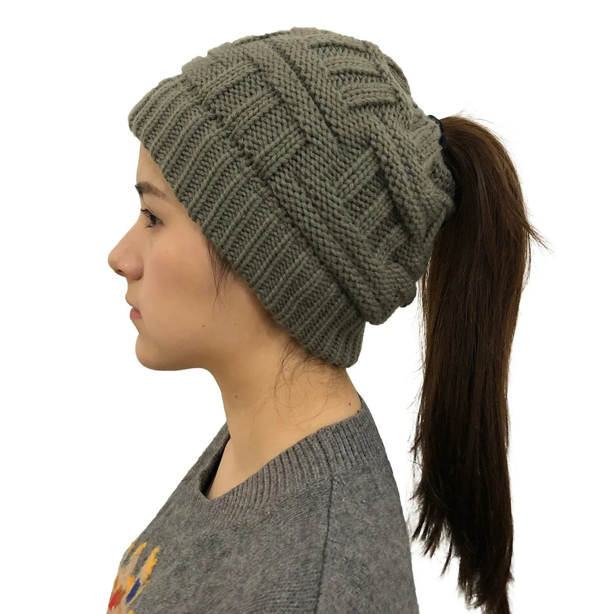 Knit Winter Hat for Women with Messy Bun Hole – Stretchy Beanie in 4 Colors