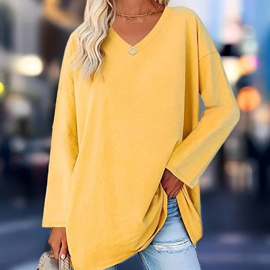 Women's V-Neck Top – Long Sleeve Cotton-Polyester Tee, 9 Colors, S-2XL