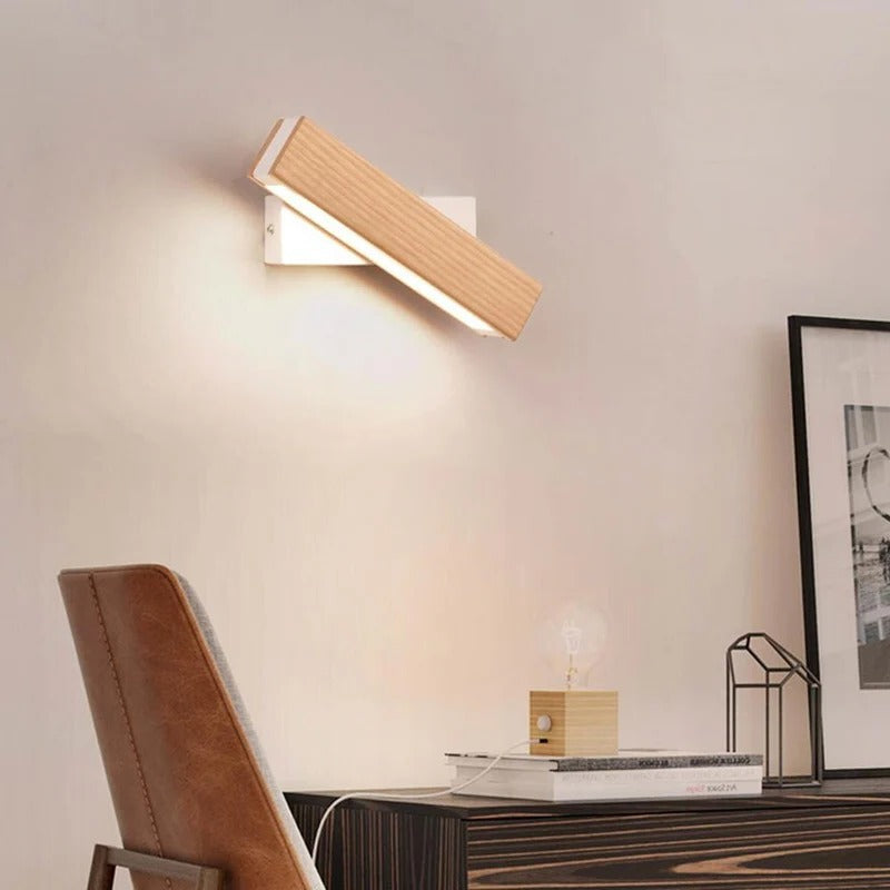 180 Degree Adjustable Wall LED Light Fixture – Dark and Light Wood Sconce for Bedroom, Hallway, Living Room