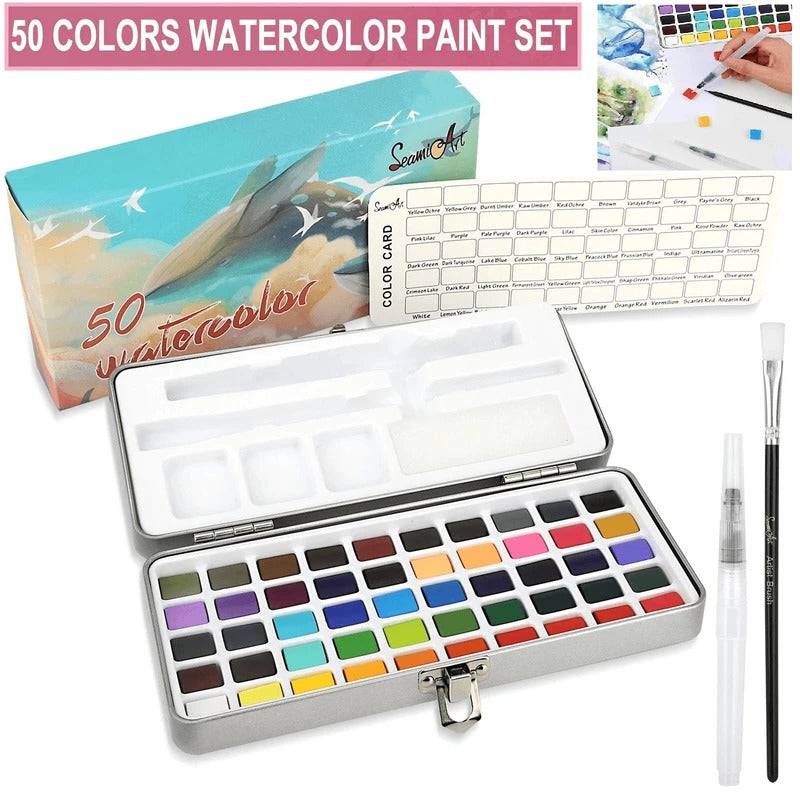 Portable Solid Watercolor Palette Set with 50 Colors, Brush, Sponge, and Mixing Dishes for Artists